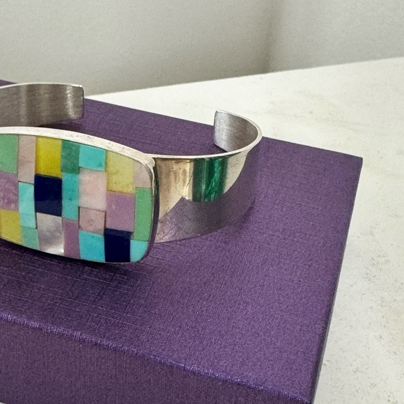 Colorful Mosaic Gemstone wrapped in Sterling Silver Cuff Bracelet - Picture 4 of 5